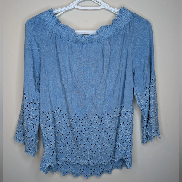 Style Envy Blue Off the Shoulder Flowy Feminine Boho Eyelet Top Women L - Picture 2 of 8